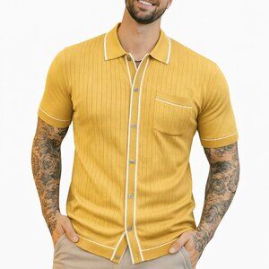 Large Men's Short Sleeve Full Placket RIVIERA Knit Polo Shirt Piped MOD Yellow
